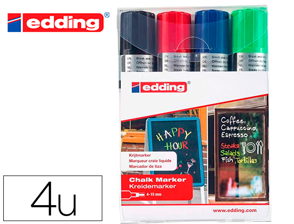 MARQUEUR EDDING CRAIE LIQUIDE E4095 FENTRE ARDOISE VERRE POINTE OGIVE 2  3MM ASSORTIS POCHETTE 4 UNITS