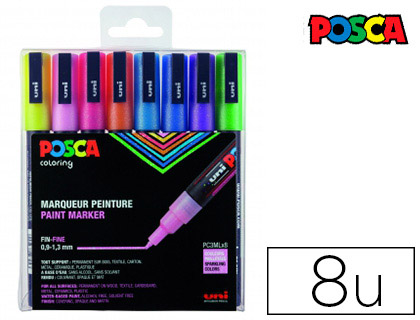 MARQUEUR POSCA PC3M GOUACHE ENCRE INODORE TOUTES SURFACES POINTE FINE CONIQUE COLORIS ASSORTIS PAILLETEES 8 UNITS