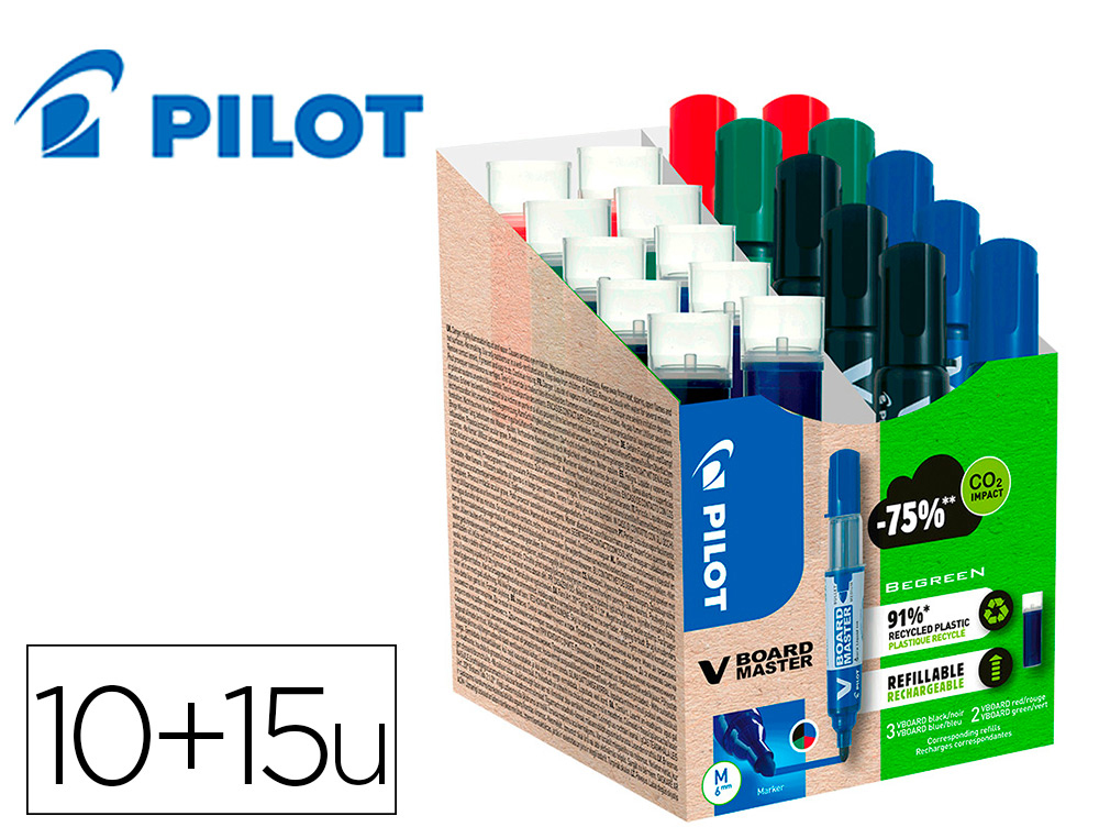 PACK PILOT V-BOARD MASTER 10 MARQUEURS EFFACABLES A SEC    POINTE CONIQUE MOYENNE 10     RECHARGES 5 OFFERTES ASSORTIS