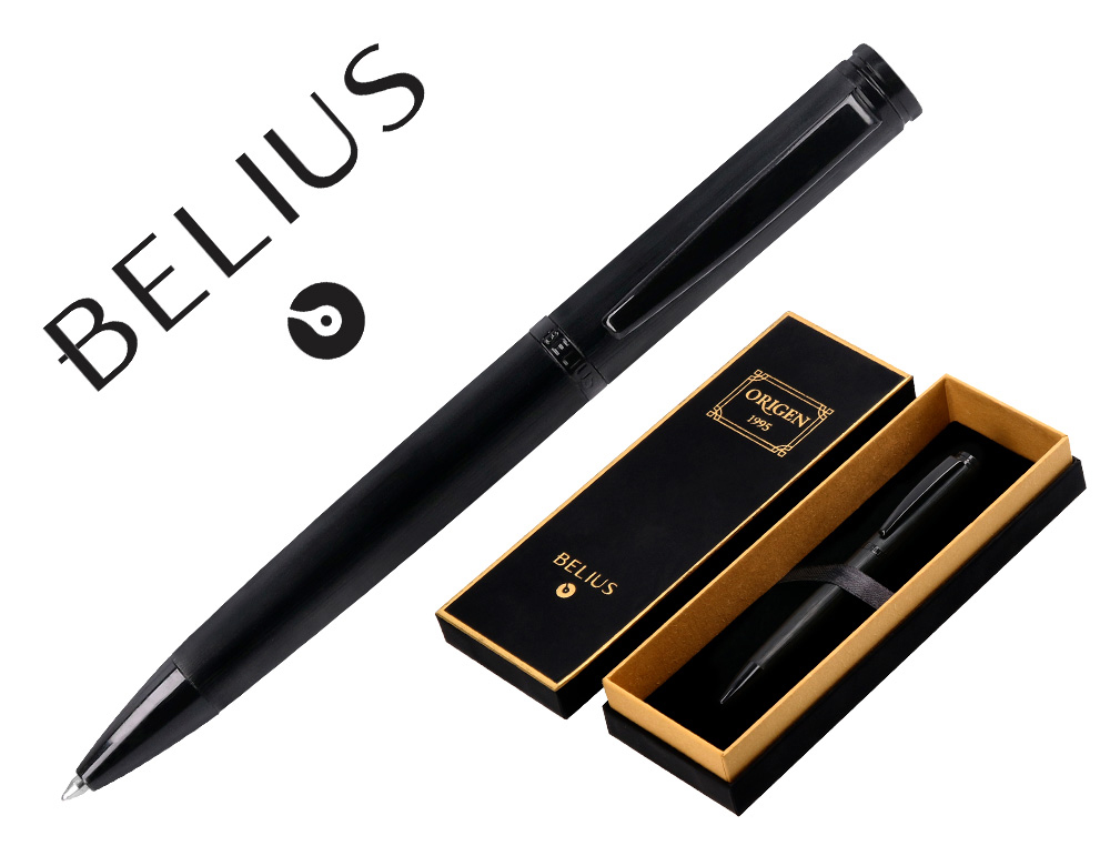 STYLO-BILLE BELIUS ORIGEN ALUMINIUM BROSSE ENCRE BLEUE  COLORIS NOIR DANS COFFRET     CADEAU