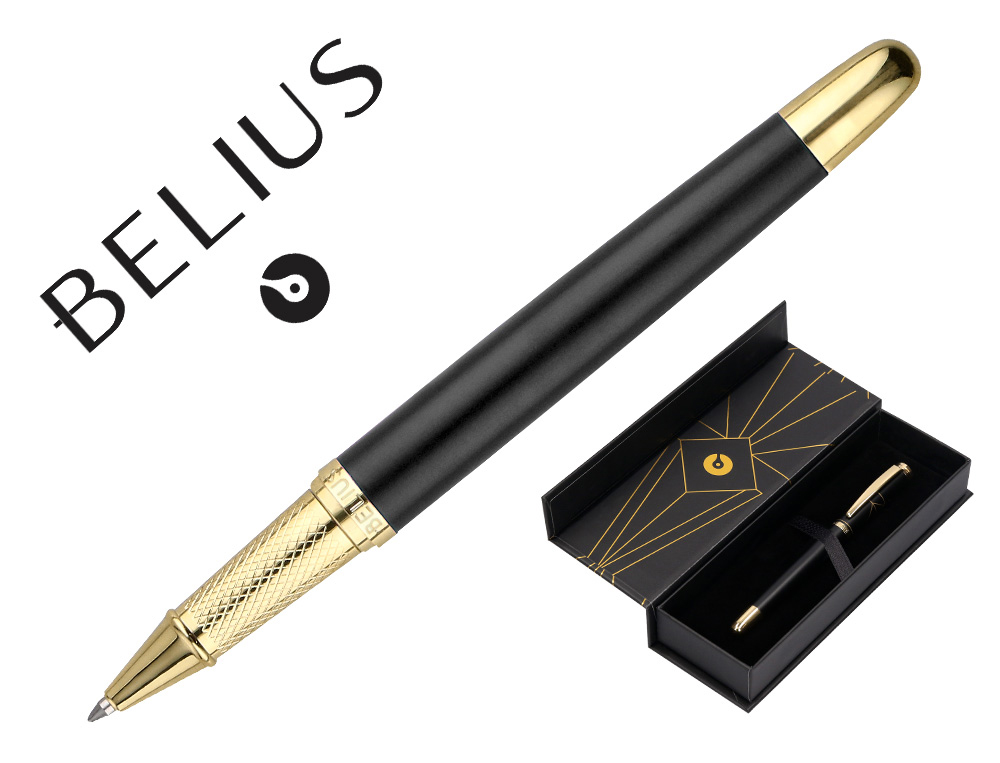 STYLO-BILLE BELIUS SOIREE ALUMINIUM DETAILS ET ATTRIBUTS OR ENCRE BLEUE COLORIS NOIR DANS COFFRET CADEAU