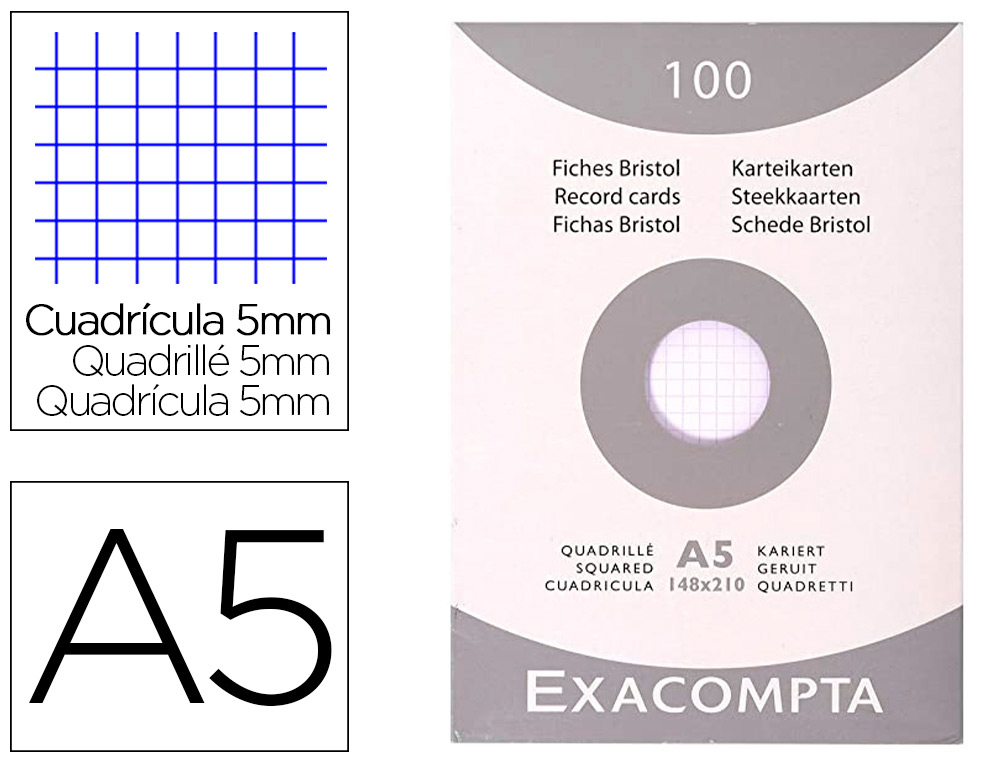 ETUI 100 FICHES EXACOMPTA BRISTOL QUADRILLEE 5X5 NON    PERFOREE BLANC 148X210MM