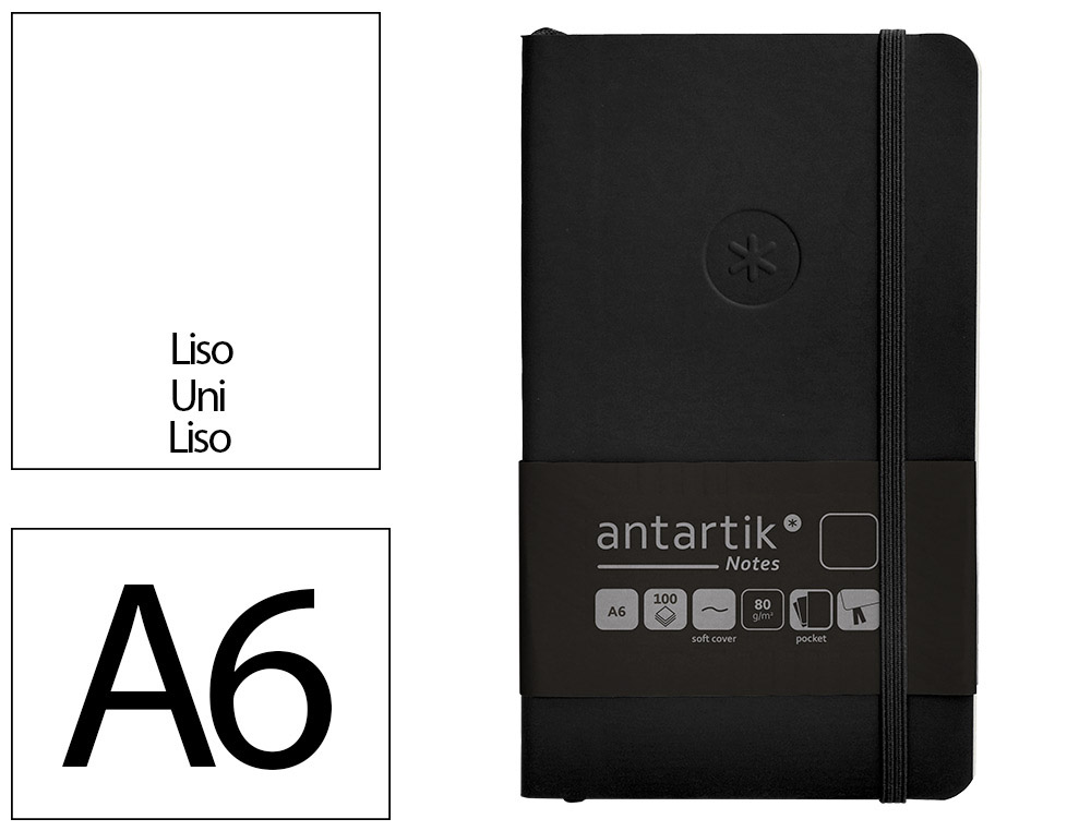 CARNET A6 ANTARTIK NOTES PAPIER UNI IVOIRE COUVERTURE  SOUPLE FERMETURE ELASTIQUE 200PAGES 80GR COLORIS NOIR