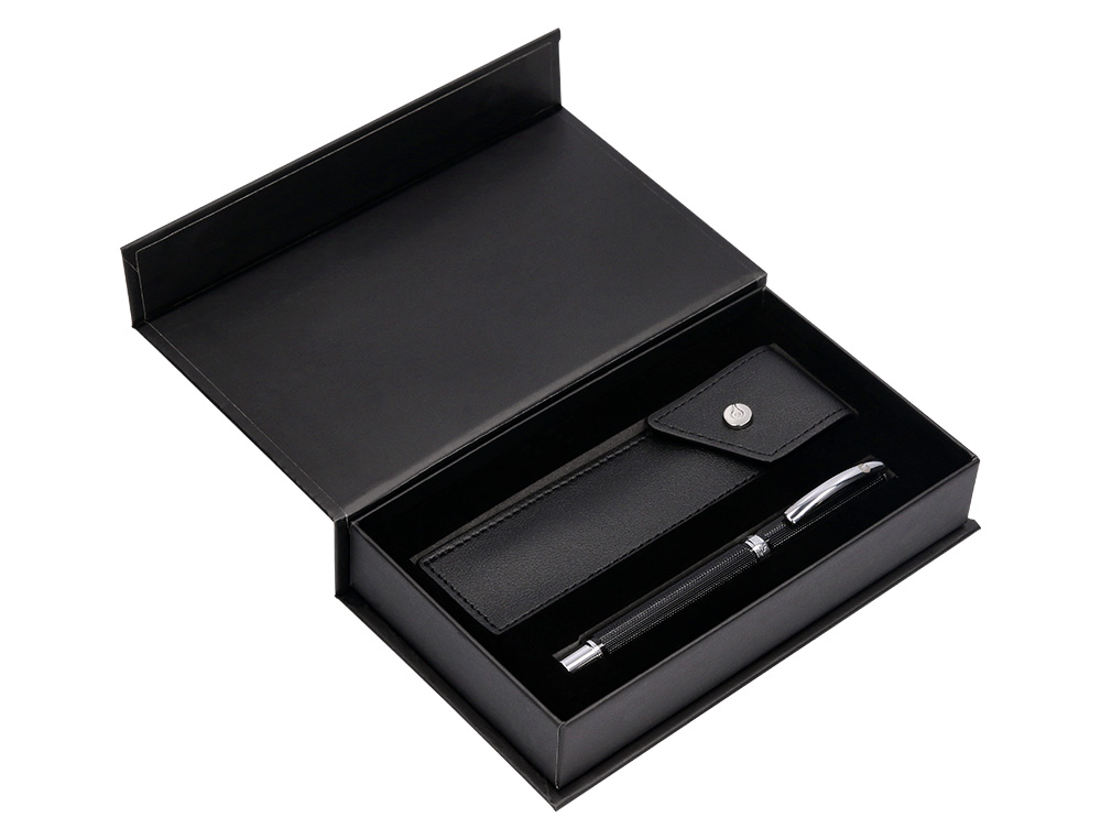 ROLLER ET ETUI SIMILI CUIR BELIUS TURBO ALUM. TEXTURE POINTILLEE ATTRIBUTS ARGENT ENCRE BLEUE COL. NOIR COFFRET CADEAU