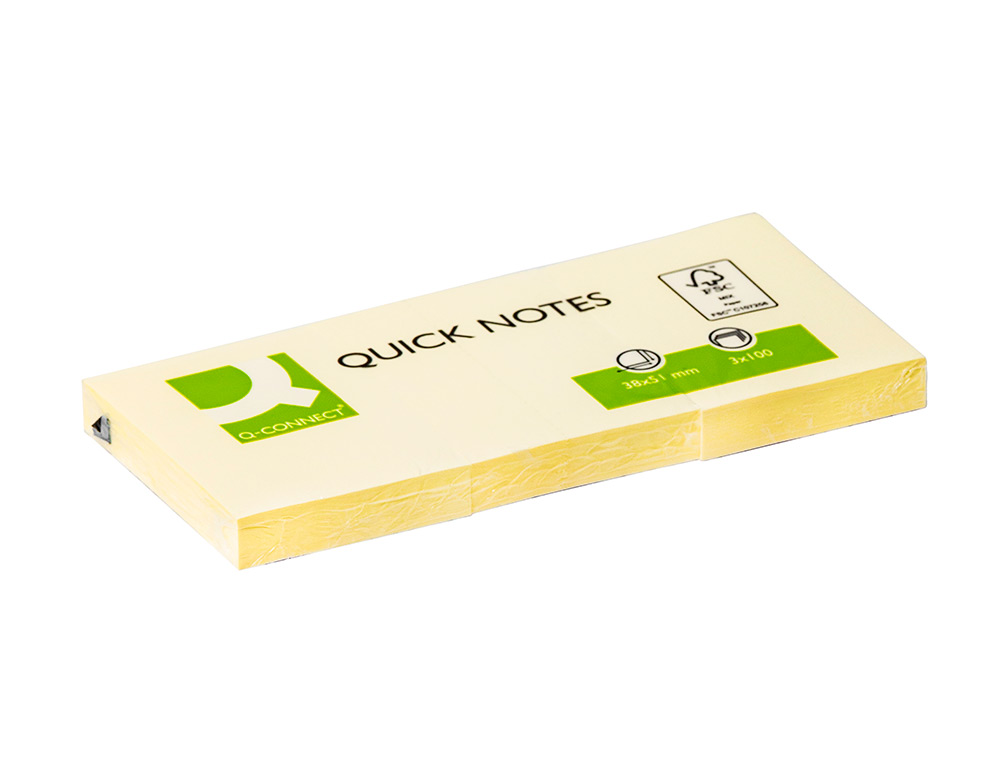 BLOC-NOTES Q-CONNECT QUICK NOTES 38X51MM 3 BLOCS 100F REPOSITIONNABLES COLORIS JAUNE