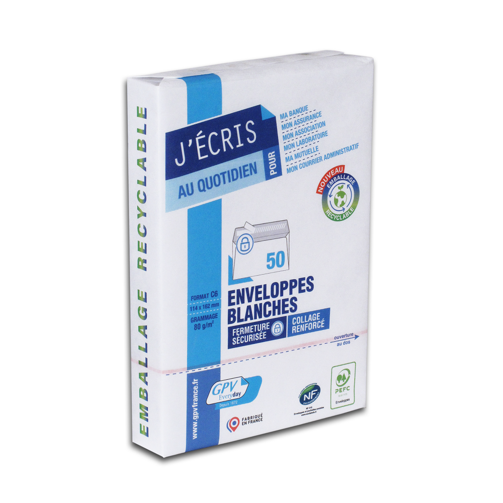 ENVELOPPE GPV CONOMIQUE VLIN BLANC 75G C6 114X162MM ADHSIVE PAQUET 50 UNITS