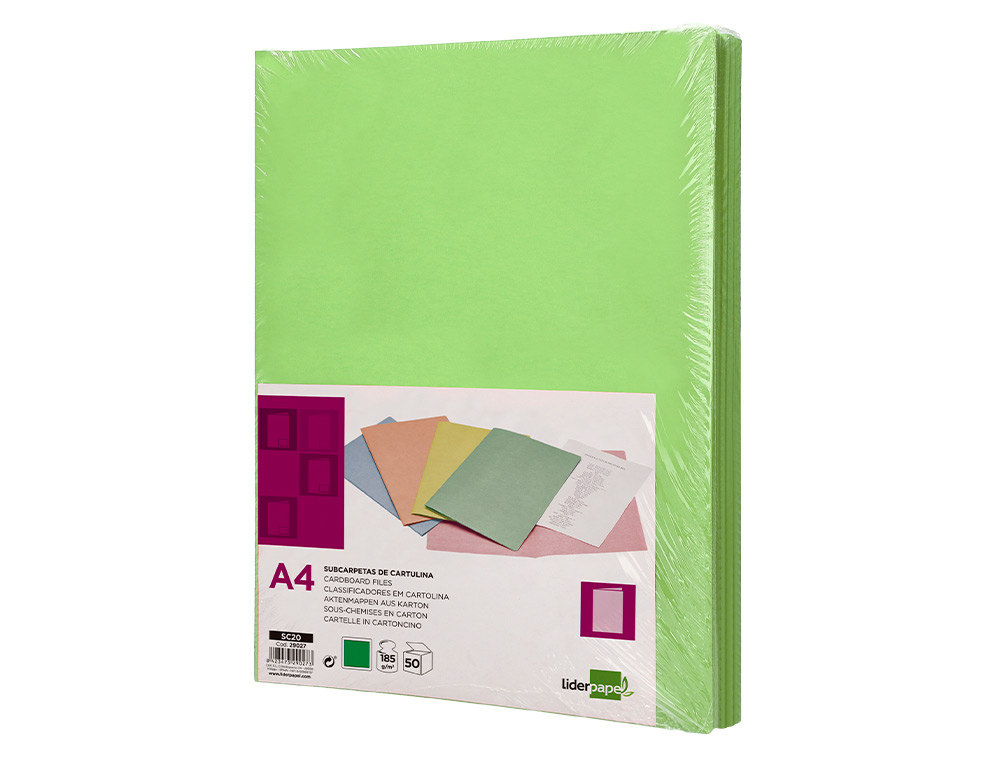 SOUS-CHEMISE LIDERPAPEL PAPIER CARTONNÉ 180G 310X230MM DOCUMENT A4 210X297MM COLORIS PASTEL VERT INTENSE