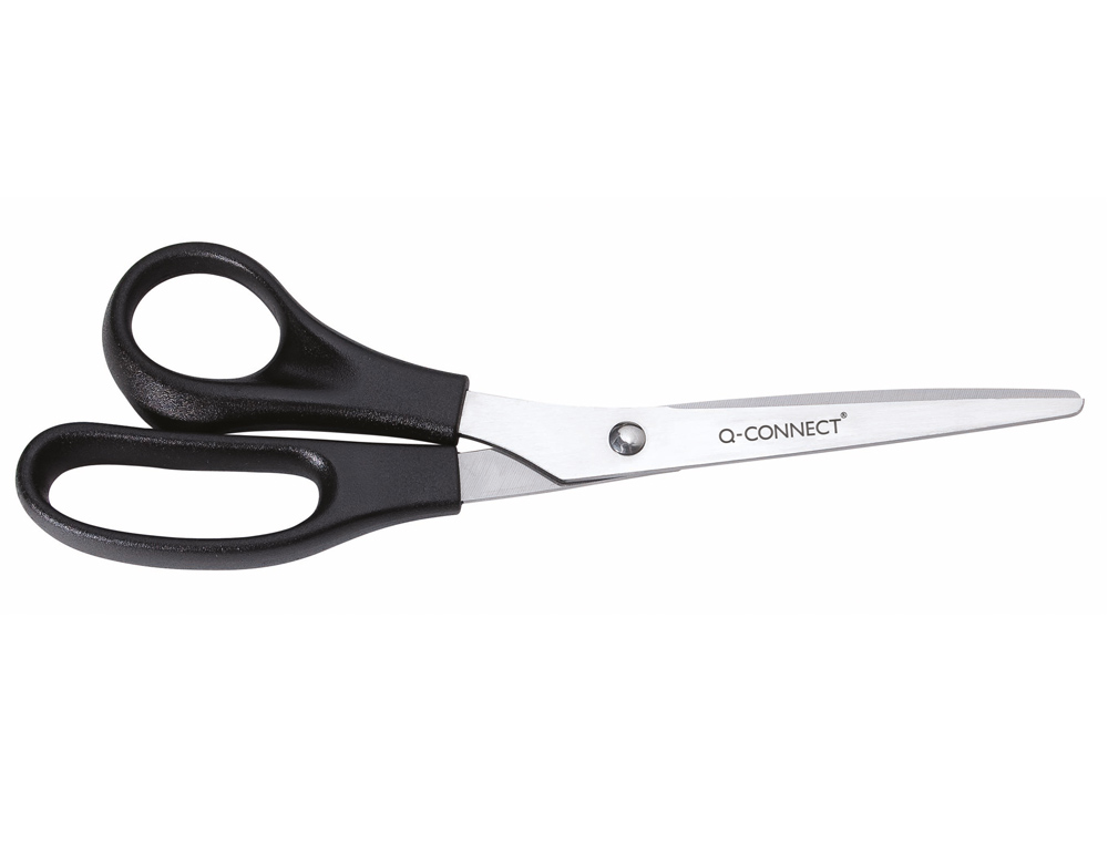 CISEAUX BUREAU Q-CONNECT ÉCONOMIQUE GAUCHER LAMES INOX 210MM BRANCHES GAINÉES ABS BOUTS POINTUS COLORIS NOIR