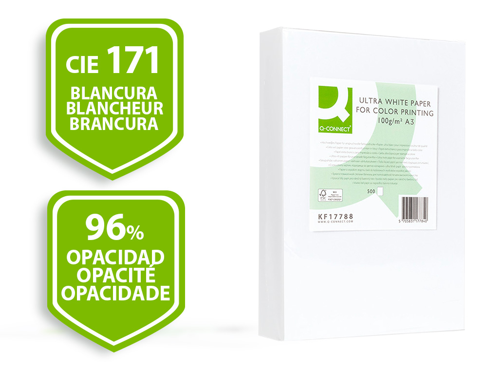 PAPIER Q-CONNECT MULTIFONCTION ULTRAWHITE A3 100G/M2 BLANCHEUR 170 OPACITÉ 96 RIGIDITÉ 60 500 FEUILLES