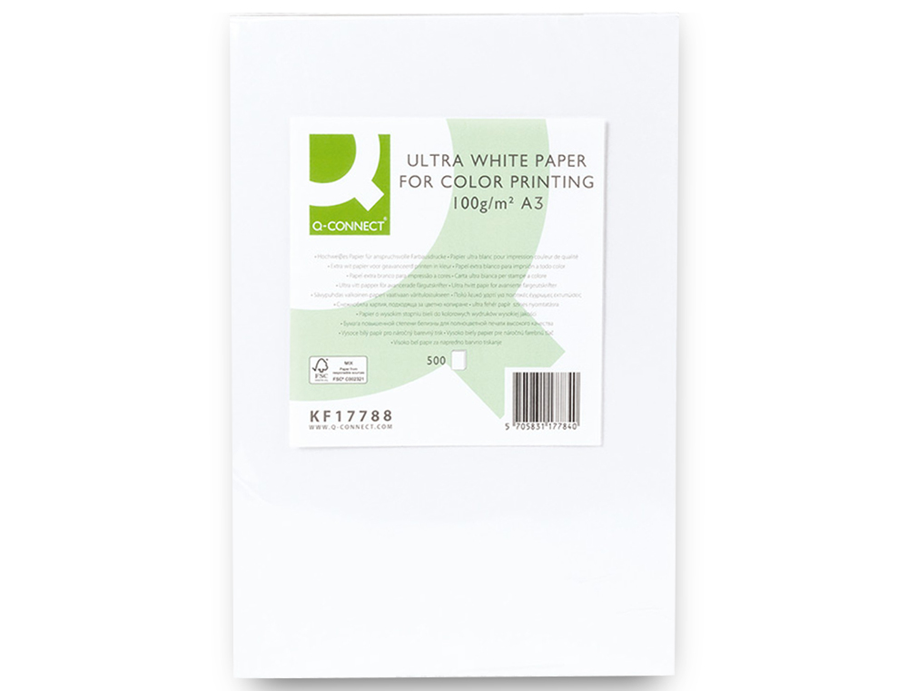 PAPIER Q-CONNECT MULTIFONCTION ULTRAWHITE A3 100G/M2 BLANCHEUR 170 OPACITÉ 96 RIGIDITÉ 60 500 FEUILLES
