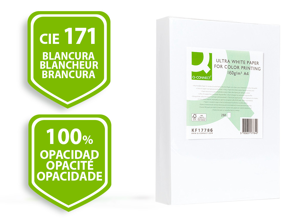 PAPIER Q-CONNECT MULTIFONCTION ULTRAWHITE A4 160G/M2 BLANCHEUR 170 OPACITÉ 96 RIGIDITÉ 60 250 FEUILLES
