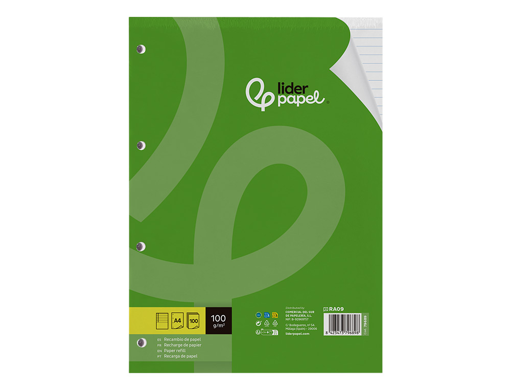 BLOC-NOTES LIDERPAPEL 100 FEUILLES ENCOLLES 100G A4 100 G/M2 LIGN HORIZONTAL MARGE 4 TROUS