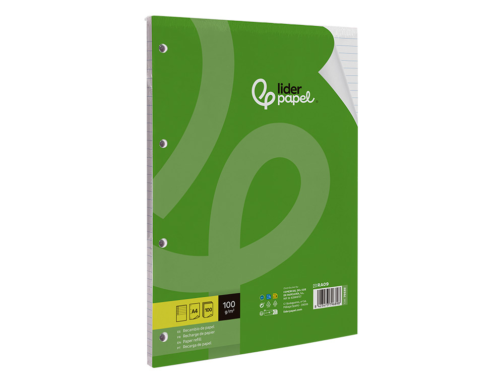 BLOC-NOTES LIDERPAPEL 100 FEUILLES ENCOLLES 100G A4 100 G/M2 LIGN HORIZONTAL MARGE 4 TROUS