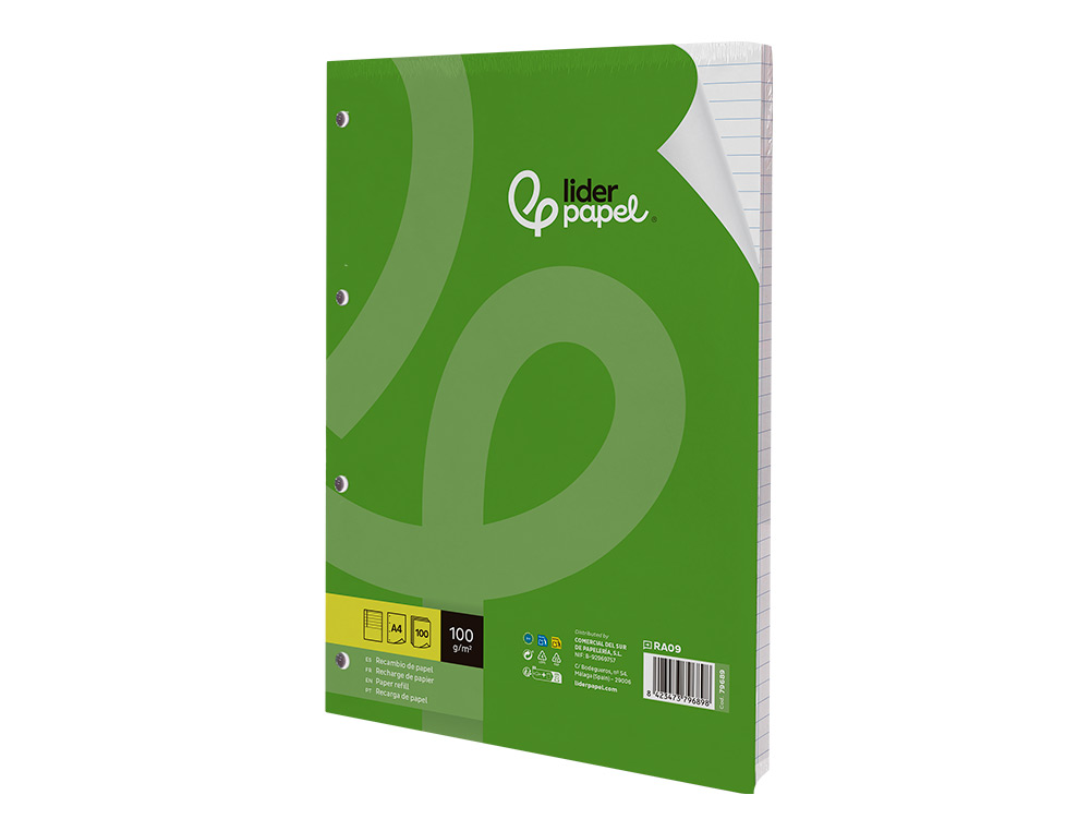 BLOC-NOTES LIDERPAPEL 100 FEUILLES ENCOLLES 100G A4 100 G/M2 LIGN HORIZONTAL MARGE 4 TROUS
