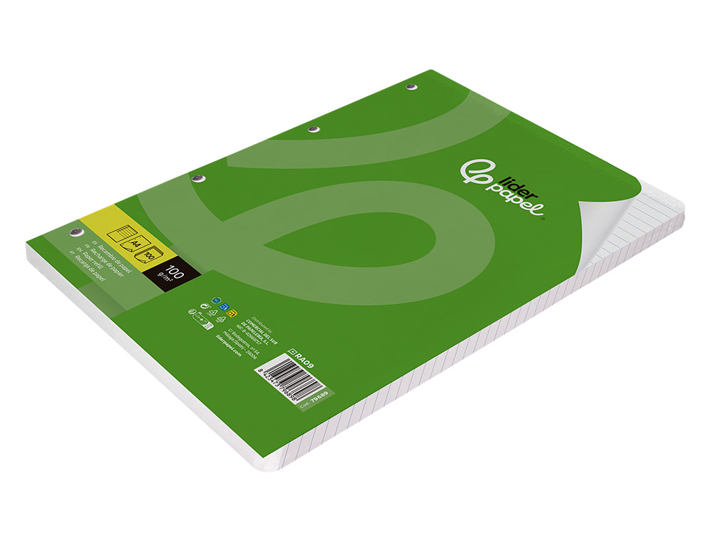 BLOC-NOTES LIDERPAPEL 100 FEUILLES ENCOLLES 100G A4 100 G/M2 LIGN HORIZONTAL MARGE 4 TROUS