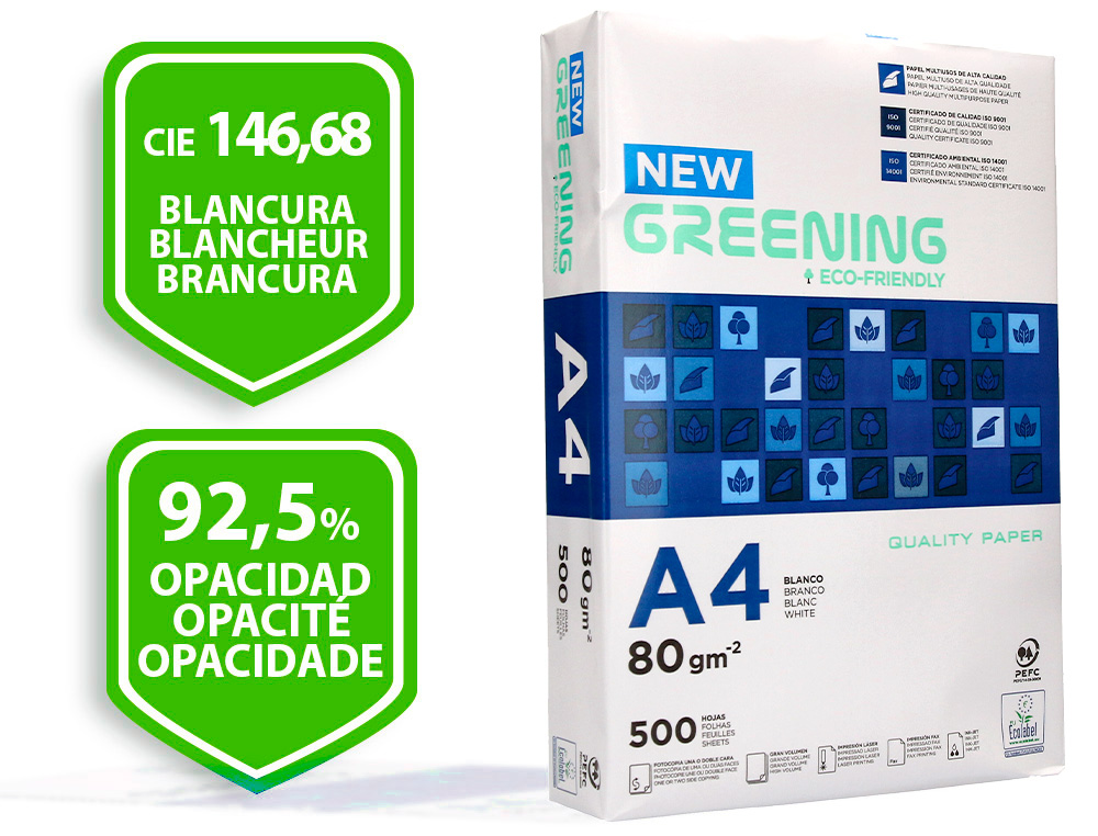 PAPIER LIDERPAPEL MULTIFONCTION GREENING A4 80G HAUTE QUALITÉ PEFC BLANCHEUR 146 OPACITÉ 92 RIGIDITÉ 112 500F
