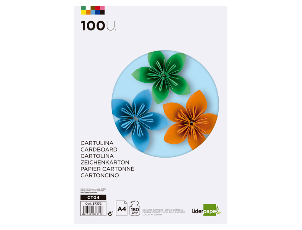 PAPIER CARTONNÉ LIDERPAPEL A4 180G/M2 10 COLORIS ASSORTIS PAQUET 100F