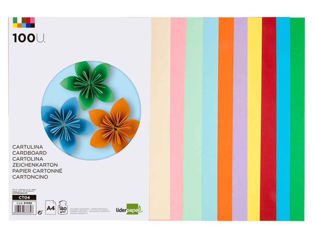 PAPIER CARTONNÉ LIDERPAPEL A4 180G/M2 10 COLORIS ASSORTIS PAQUET 100F