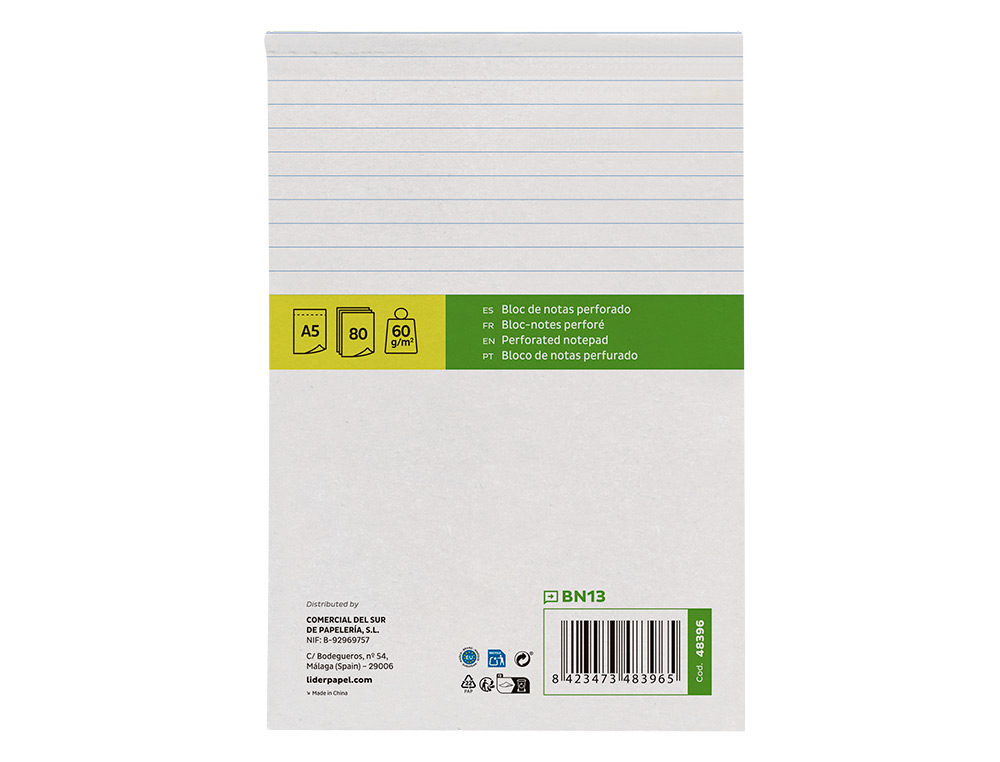 BLOC NOTES LIDERPAPEL PERFORÉ LIGNÉ A5 210X148MM PAYSAGE COUVERTURE CARTON IMPRIMÉ 250G/M2 80F 60G/M2