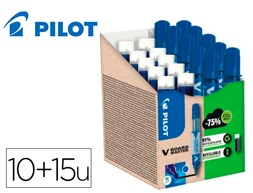 PACK PILOT V-BOARD MASTER 10 MARQUEURS EFFACABLES A SEC    POINTE CONIQUE MOYENNE 10 RECHARGES 5 OFFERTES COLORIS BLEU