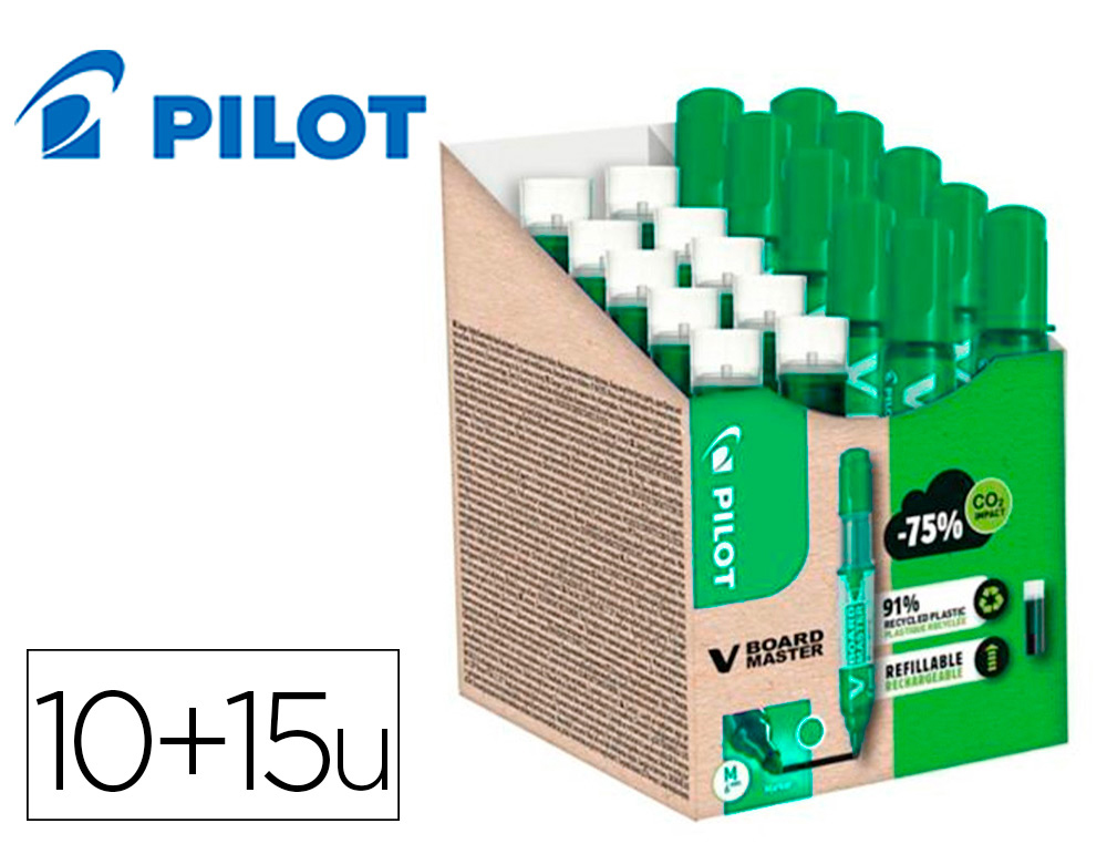 PACK PILOT V-BOARD MASTER 10 MARQUEURS EFFACABLES A SEC    POINTE CONIQUE MOYENNE 10 RECHARGES 5 OFFERTES COLORIS VERT