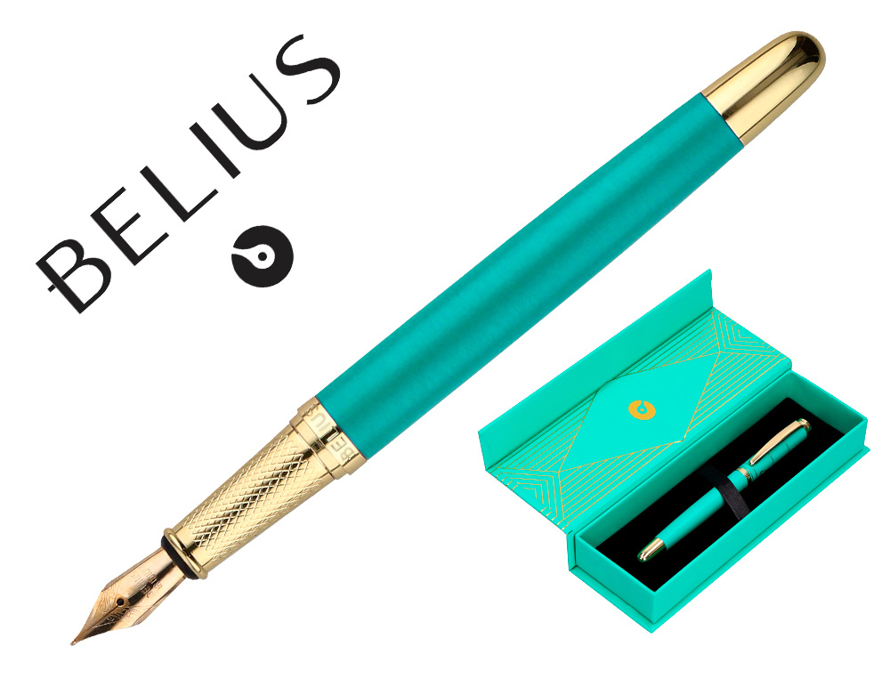 STYLO-PLUME BELIUS SOIREE ALUMINIUM DETAILS ET ATTRIBUTS OR ENCRE BLEUE COLORIS TURQUOISE DANS COFFRET CADEAU