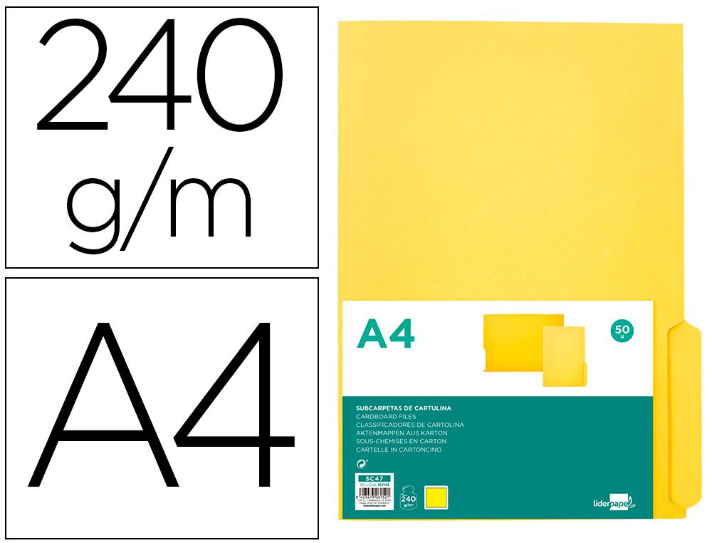 SOUS-CHEMISE LIDERPAPEL PAPIER CARTONNE 240G/M2       DOCUMENT A4 ONGLET INFERIEUR  COLORIS JAUNE