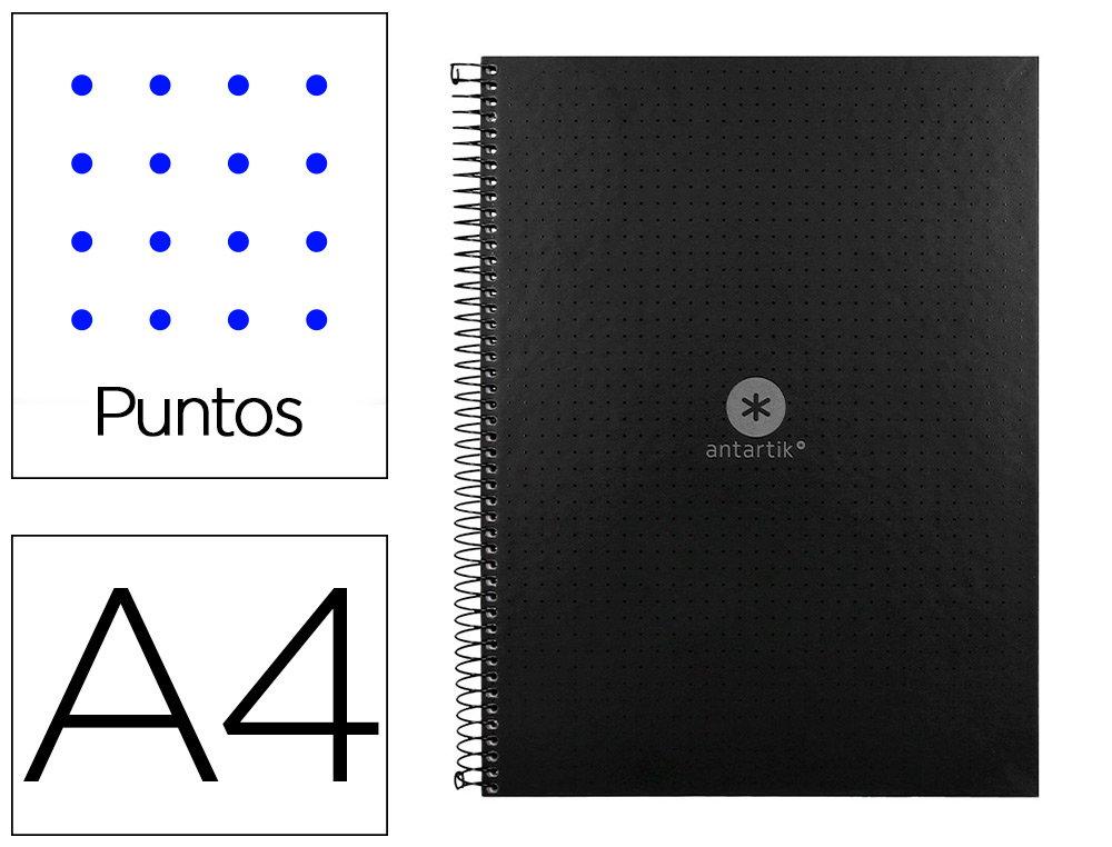 CAHIER SPIRALE ANTARTIK A4 80P 90G COUVERTURE CARTONEE   REGLURE DOT 4 TROUS COLORIS   NOIR