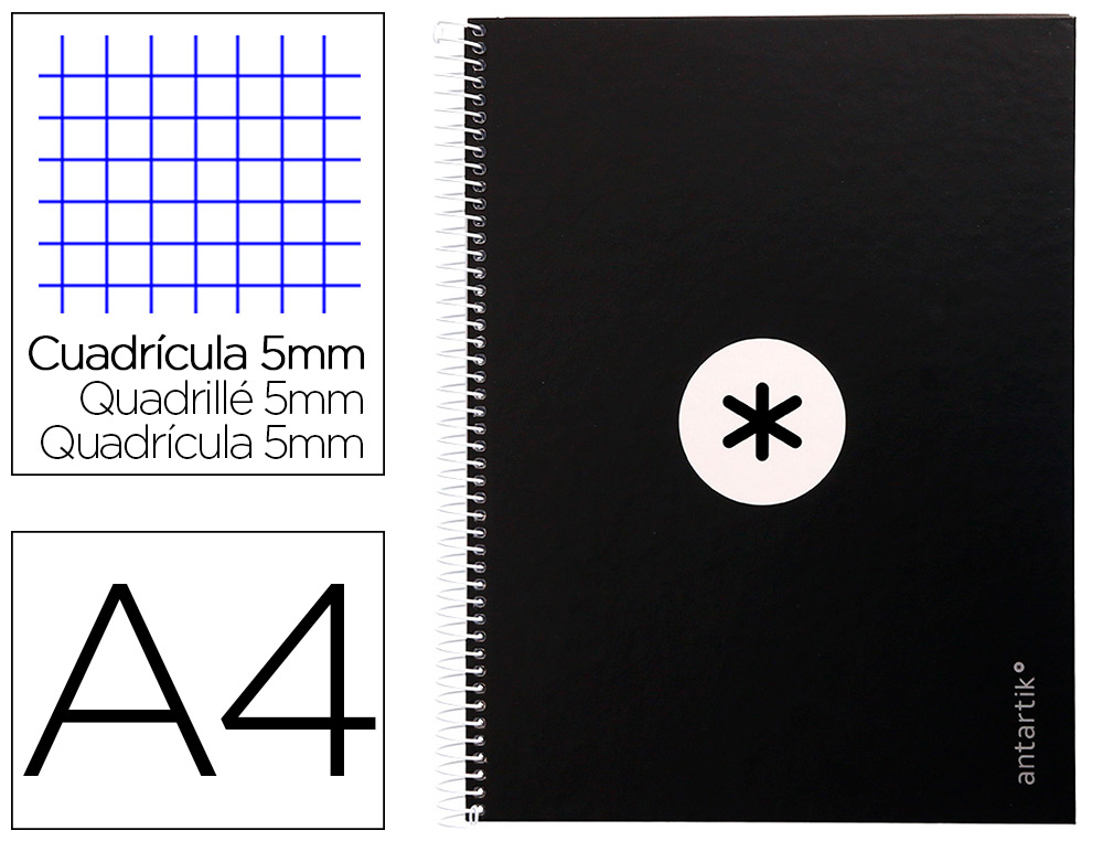 CAHIER SPIRALE ANTARTIK A4 160P 90G COUVERTURE REMBORDEE 5X5MM 4 TROUS 1 BANDE COLORIS NOIR