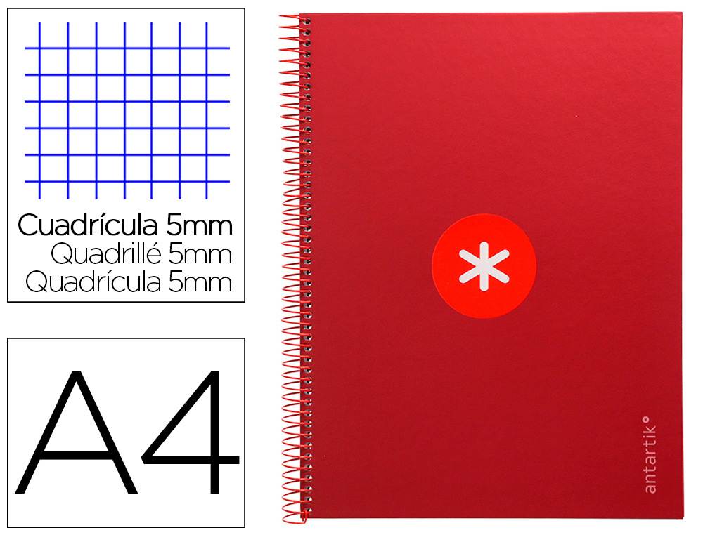 CAHIER SPIRALE ANTARTIK A4 160P 90G COUVERTURE REMBORDEE 5X5MM 4 TROUS 1 BANDE COLORIS FRAMBOISE
