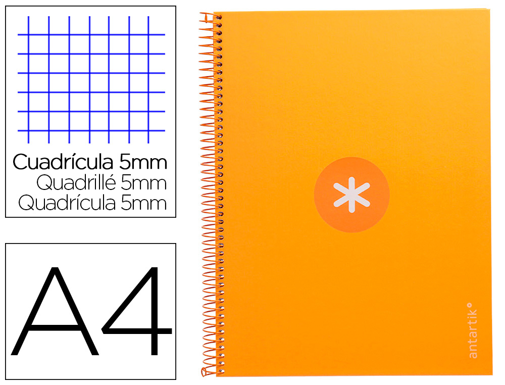 CAHIER SPIRALE ANTARTIK A4 160P 90G COUVERTURE REMBORDEE 5X5MM 4 TROUS 1 BANDE COLORIS JAUNE MOUTARDE