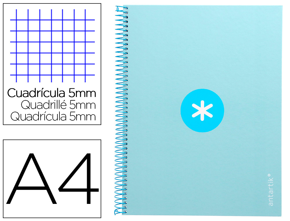 CAHIER SPIRALE ANTARTIK A4 160P 90G COUVERTURE REMBORDEE 5X5MM 4 TROUS 1 BANDE COLORIS BLEU CLAIR