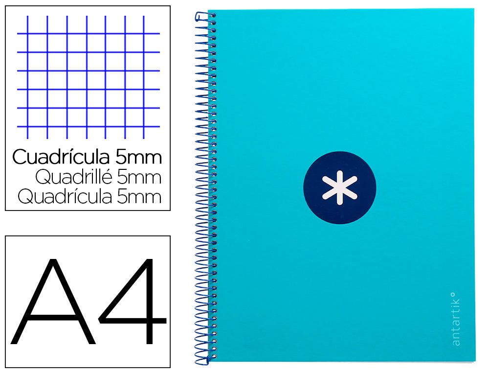 CAHIER SPIRALE ANTARTIK A4 160P 90G COUVERTURE REMBORDEE 5X5MM 4 TROUS 1 BANDE COLORIS TURQUOISE