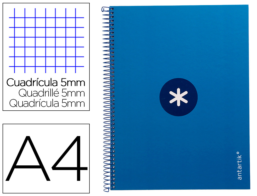 CAHIER SPIRALE ANTARTIK A4 160P 90G COUVERTURE REMBORDEE 5X5 MM 4 TROUS 1 BANDE COLORISBLEU FONCE