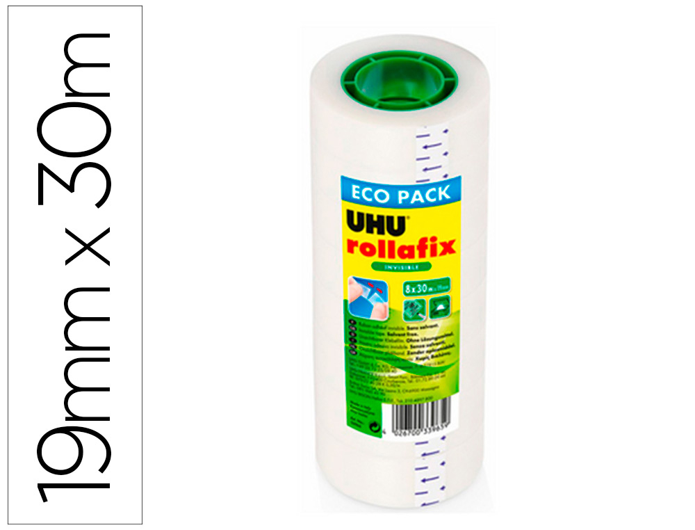 RUBAN ADHESIF UHU ROLLAFIX INVISIBLE LOT DE 8 ROULEAUX   30M X 19MM