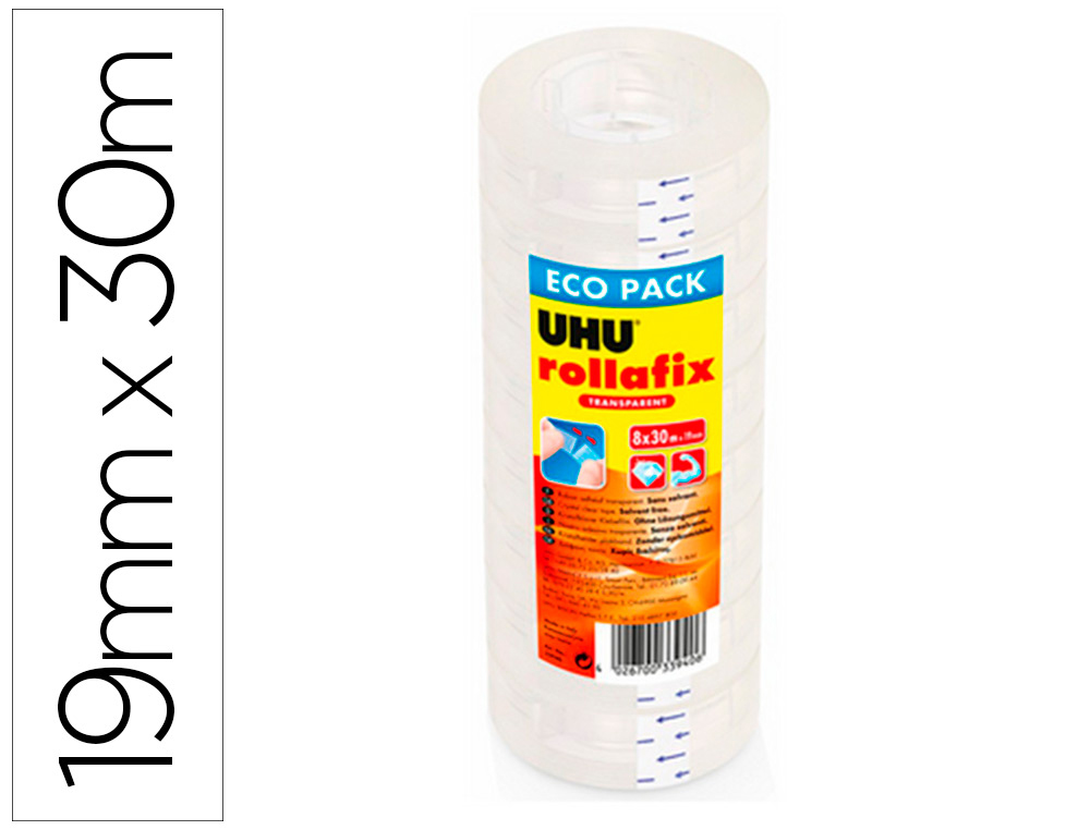 RUBAN ADHESIF UHU ROLLAFIX TRANSPARENT LOT DE 8 ROULEAUX 30M X 19MM