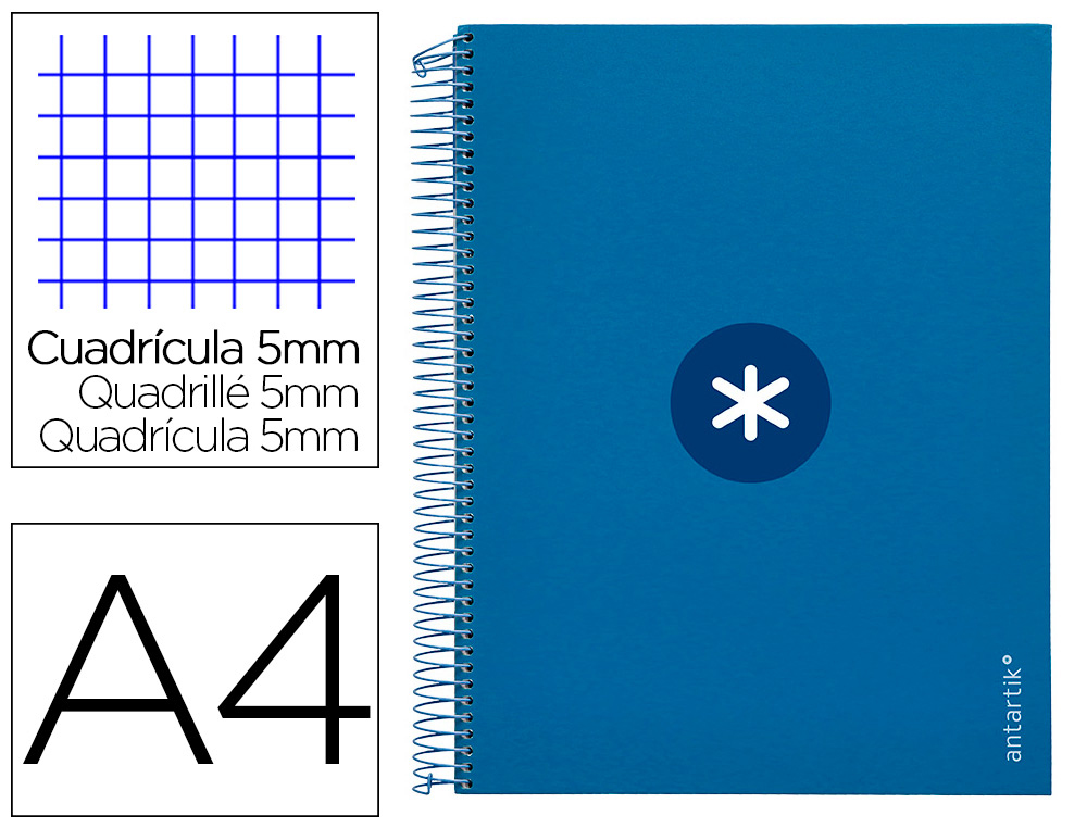 CAHIER SPIRALE ANTARTIK A4 240P 100G REMBORDE 5X5MM      MICROPERFORE 5 BANDES 4 TROUS COLORIS BLEU