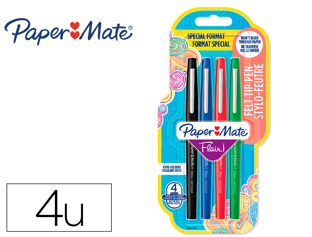 FEUTRE ECRITURE PAPER MATE FLAIR ORIGINAL  POINTE        MOYENNE 0,7MM ENCRES          ASSORTIES ESTANDAR BLISTER 4
