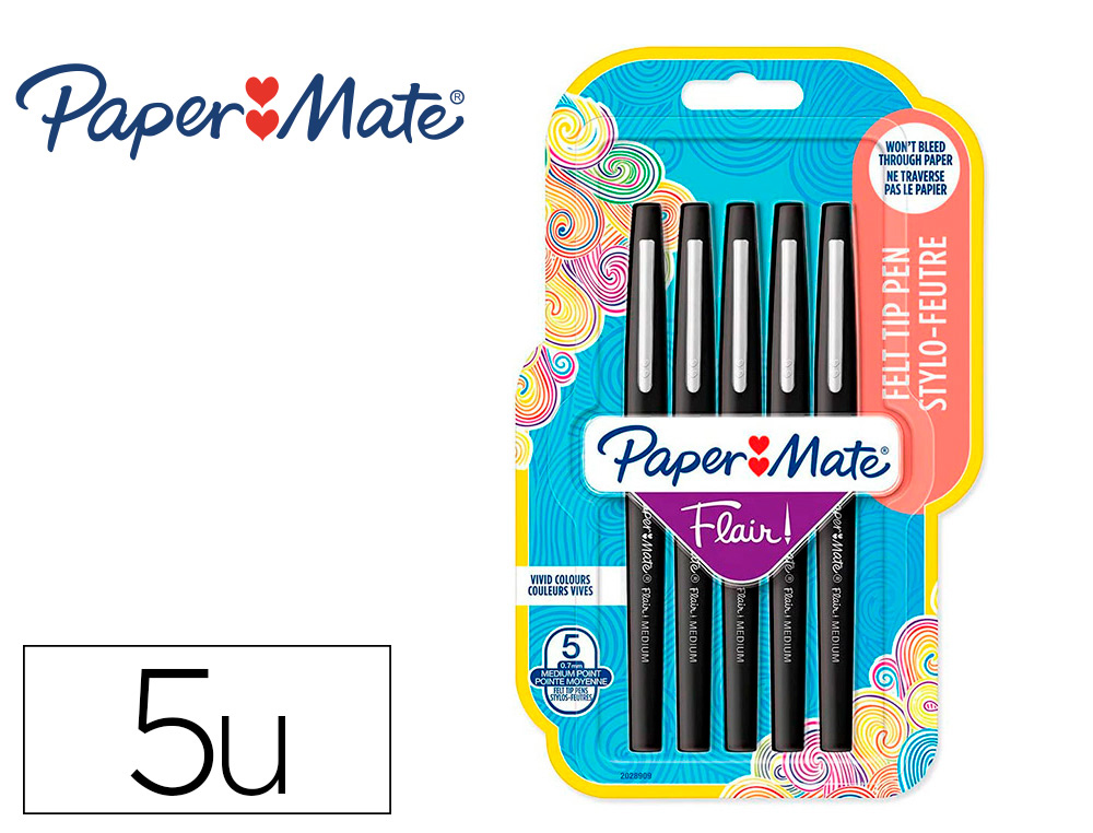 FEUTRE ECRITURE PAPER MATE FLAIR ORIGINAL POINTE MOYENNE 0,7MM ENCRES NOIR BLISTER 5   COULEURS