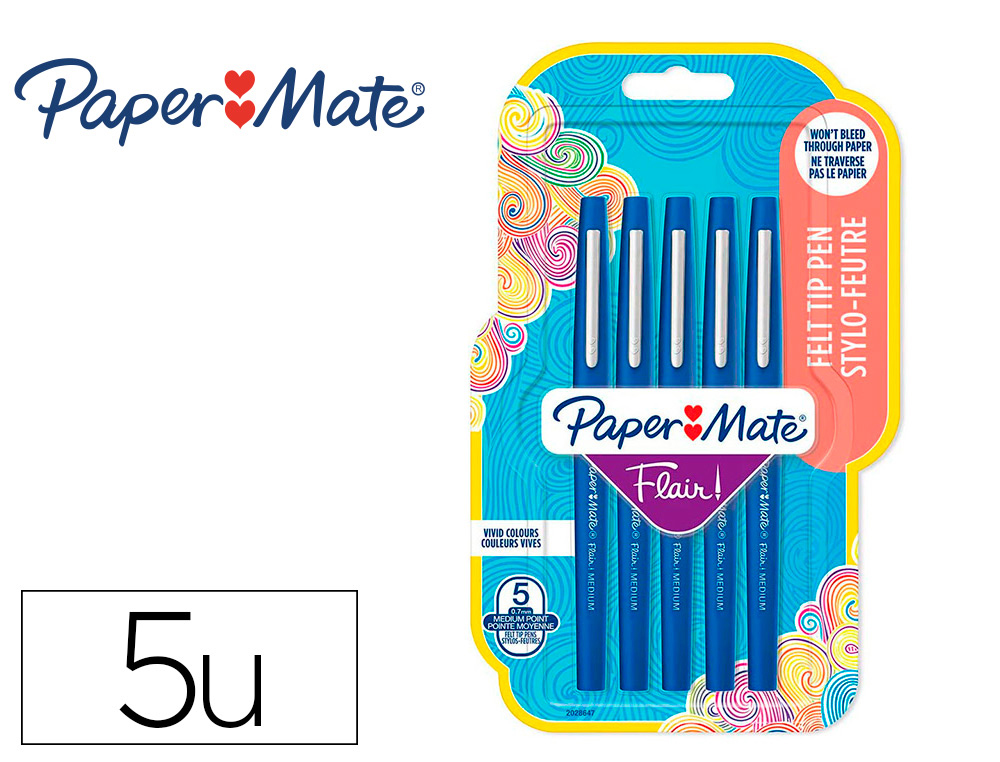 FEUTRE ECRITURE PAPER MATE FLAIR ORIGINAL POINTE MOYENNE 0,7MM ENCRES BLEU BLISTER 5   COULEURS