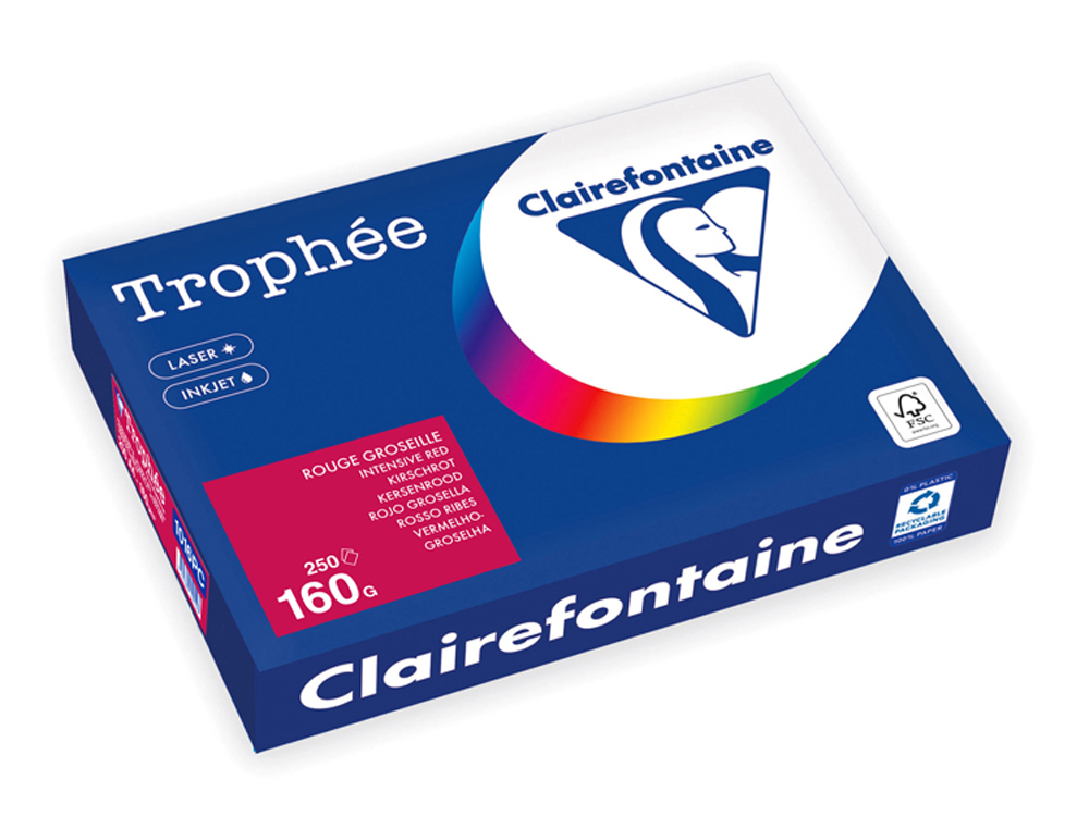 RAMETTE CLAIREFONTAINE PAPIER COULEUR A4 160G 250 FEUILLES  COLORIS INTENSE ROUGE