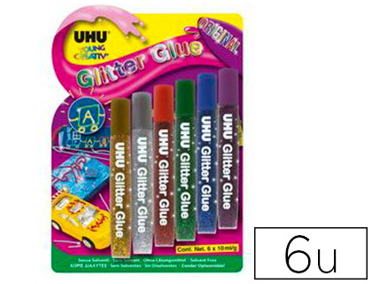 COLLE PAILLETE UHU ORIGINAL GLITTER GLUE COLORIS ASSORTIS BLISTER 6 TUBES
