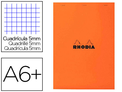 BLOC BUREAU RHODIA A6+ PAPIER VLIN SURFIN COUVERTURE ENDUITE ENVELOPPANTE 110X170MM 80F DTACHABLES 80G 5X5MM ORANGE