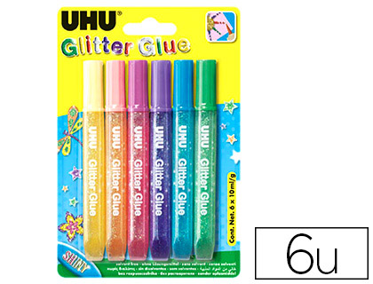 COLLE PAILLETE UHU SHINY GLITTER GLUE COLORIS ASSORTIS FLUOS BLISTER 6 TUBES