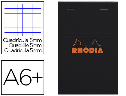 BLOC BUREAU RHODIA A6+ PAPIER VLIN SURFIN COUVERTURE ENDUITE ENVELOPPANTE 110X170MM 80F DTACHABLES 80G 5X5MM NOIR