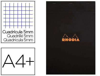 BLOC BUREAU RHODIA A4+ PAPIER VLIN SURFIN COUVERTURE ENDUITE ENVELOPPANTE 210X320MM 80F DTACHABLES 80G 5X5MM NOIR