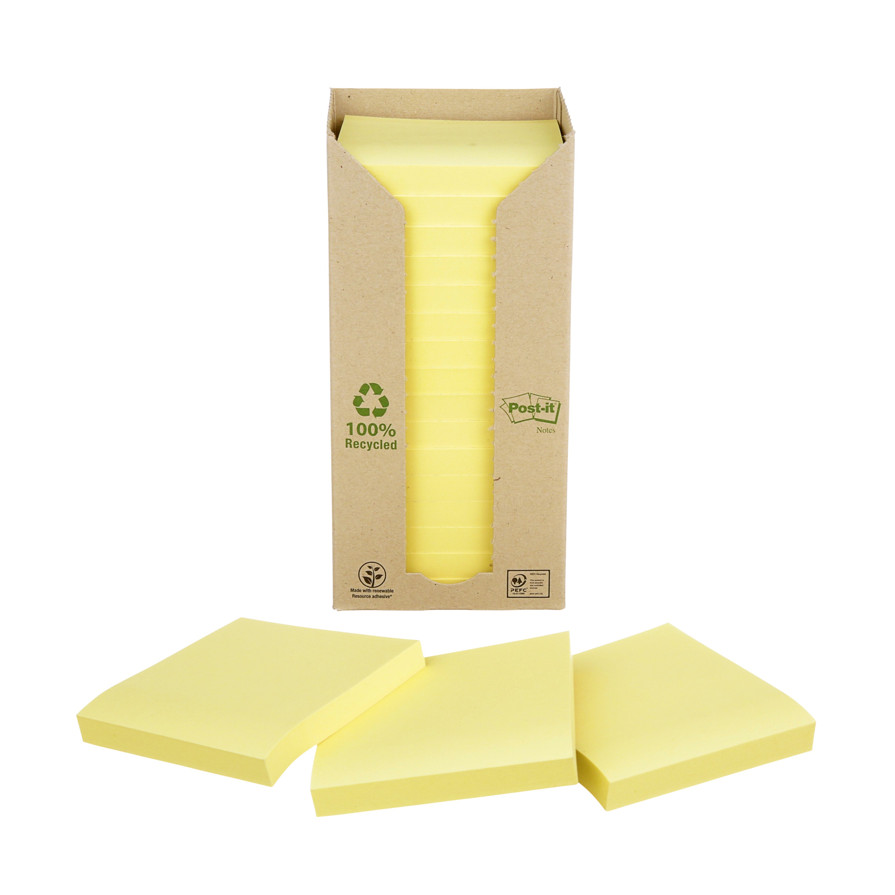 BLOC-NOTES POST-IT PAPIER RECYCL 76X76MM 100F/BLOC REPOSITIONNABLES COLORIS JAUNE TOUR 16 BLOCS
