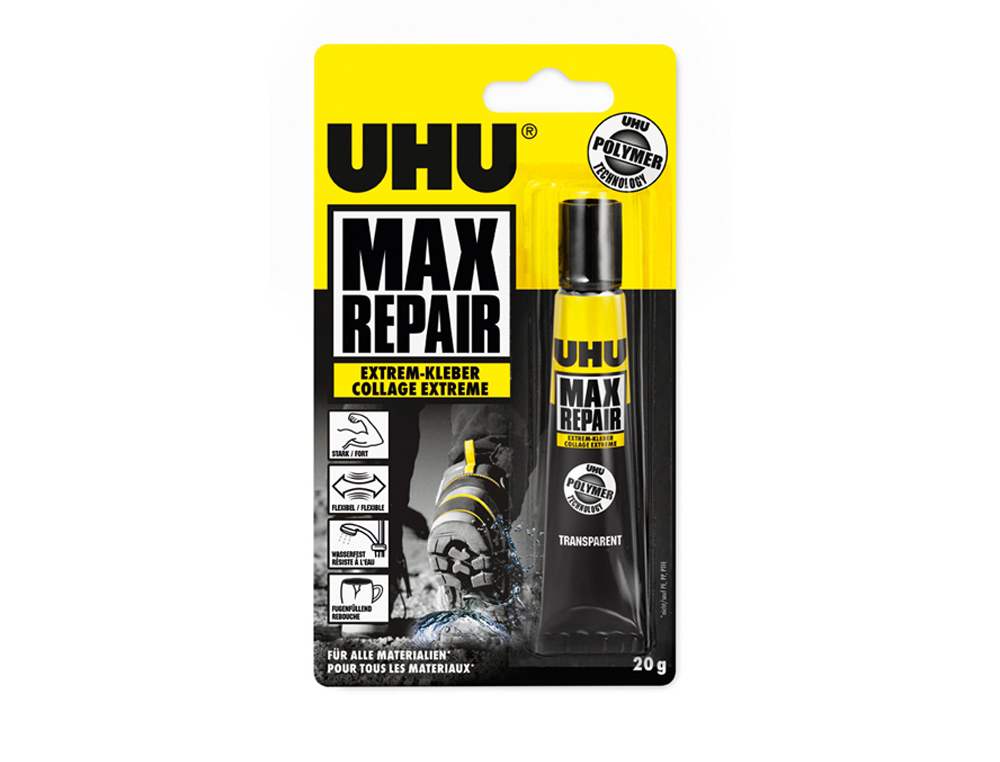 COLLE UHU MAX REPAIR MULTI-USAGES TOUS TYPES MATRIAUX RSISTE EAU TEMPRATURES EXTRMES UV S/SOLVANT 20G TRANSPARENT