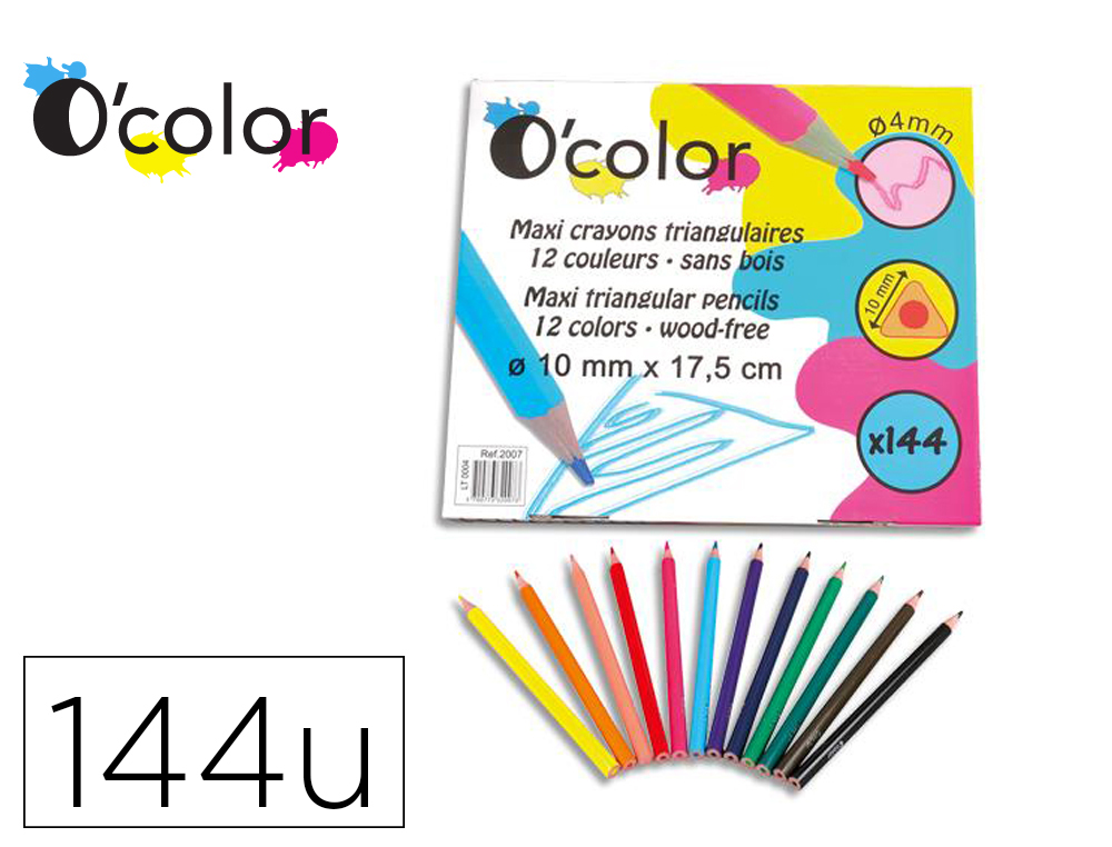 CRAYON COULEUR O'COLOR MAXI TRIANGULAIRE SANS BOIS DIAMETRE 10MM MINE 4MM COLORIS ASSORTISSCHOOLPACK 144 UNITES