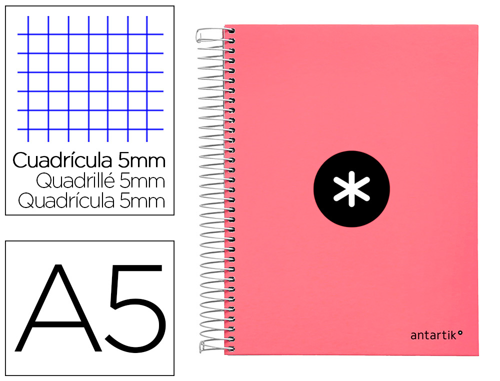 CAHIER SPIRALE ANTARTIK A5 240P 90G REMBORD QUADRILLAGE 5MM MICROPERFOR 5 BANDES 6   TROUS COLORIS CORAIL